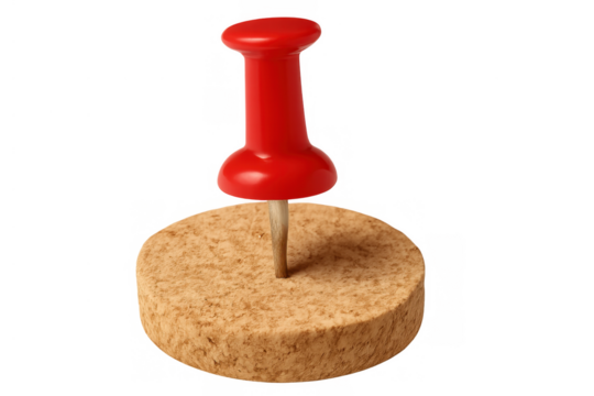 Red pushpin securing a cork round, representing important notes, reminders, and marking locations on a transparent background