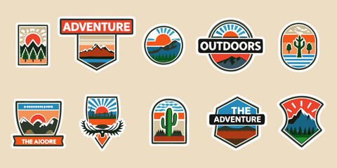 Collection of vintage style outdoor adventure and travel badges and stickers © Rathin