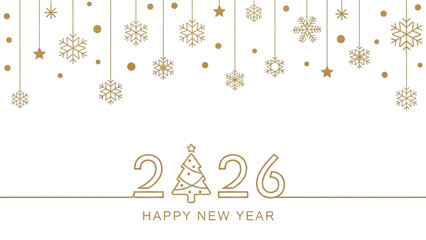 Minimalist Gold and White 2026 New Year Greeting Card with Snowflakes and Line Art Tree