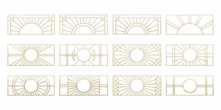 Collection of twelve elegant geometric art deco sunburst and circular frame designs in gold on white background