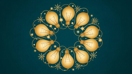 Golden Christmas Lights Circle with Snowflakes on Deep Teal Background – Minimalist Holiday Design