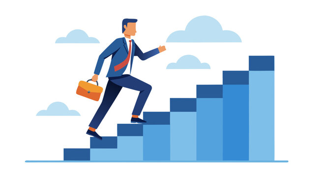 Vector illustration of businessman climbing up bar chart graph
