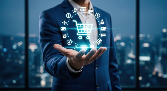Businessman presents a digital shopping cart interface with ecommerce icons promoting online retail experiences and virtual commerce technology