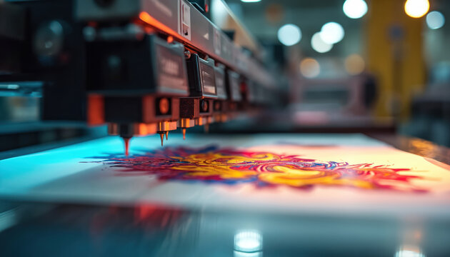 Inkjet printer head printing colorful design on transfer film in t-shirt factory. CMYK colors applied in printing process. Digital printing technology used for custom apparel production. Large format