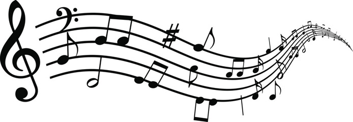 Musical notes and treble clef on flowing staff, music wave melody vector design, creative sound rhythm art illustration