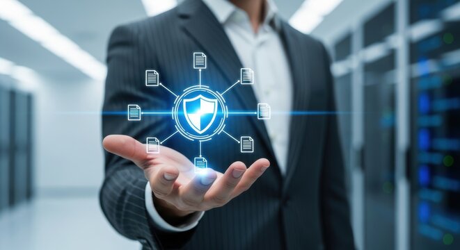Businessman presents data privacy protection with shield symbol for cybersecurity ensuring database safety and digital file access