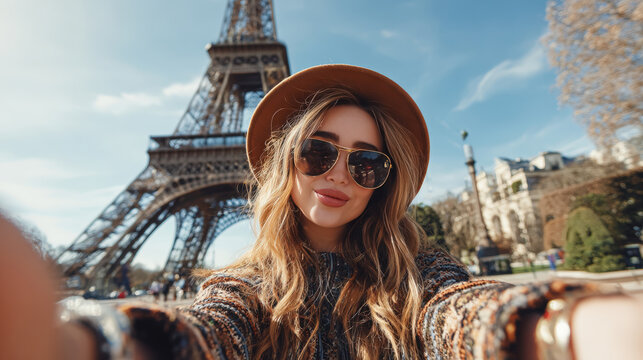 Stylish Woman Taking Selfie with Eiffel Tower on Sunny Day