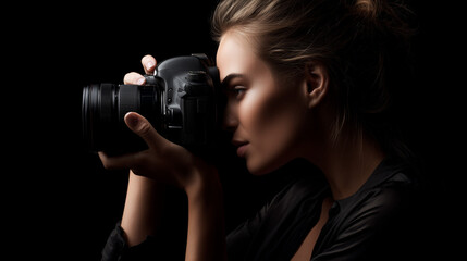 Female photographer aiming camera on black background