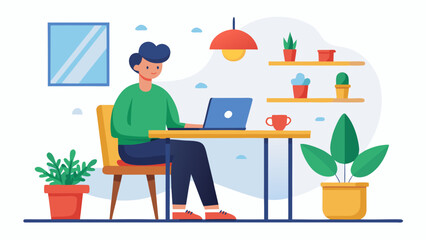 Young man sitting at a desk working on a laptop computer in a cozy home office environment with plants