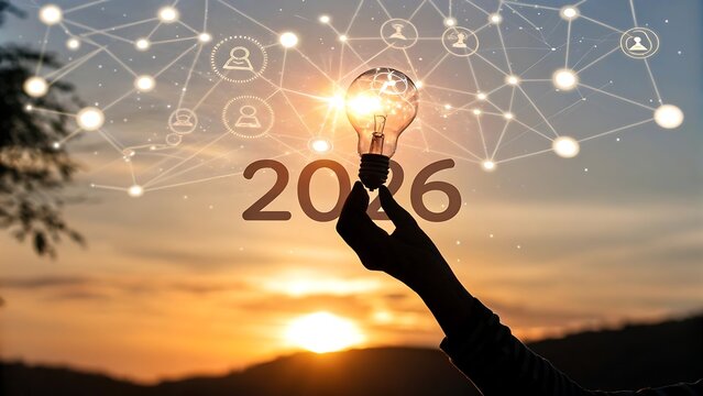 Vision of 2026 with Glowing Lightbulb and Network Connection against Beautiful Sunset Backdrop