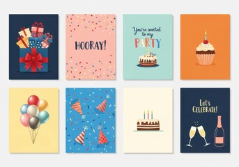 A collection of eight diverse birthday celebration greeting cards featuring gifts, cakes, balloons, champagne, and festive messages