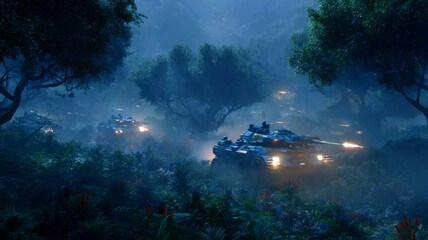 Futuristic armored vehicles in misty jungle. AI image