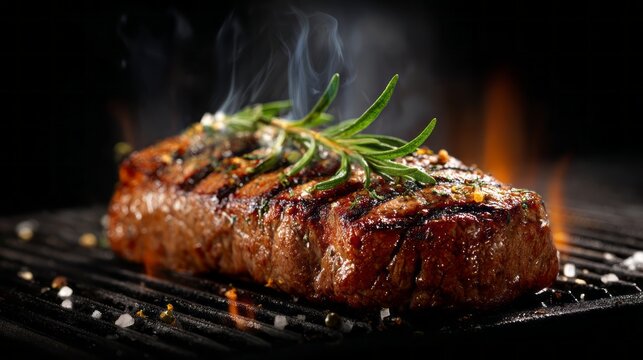 Sizzling beef steak cooking on flaming grill with aromatic herbs and spices, juicy gourmet meat floating on dark background for culinary, food photography, and restaurant concept visuals - Powered by Adobe