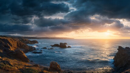 Dramatic coastal sunset over rocky shoreline. AI image