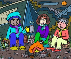 Camping night doodle color background illustration