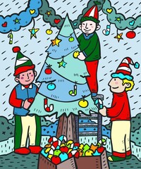 Three people decorate christmas tree doodle color illustration