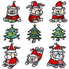 Christmas tree bear deer doodle color illustration