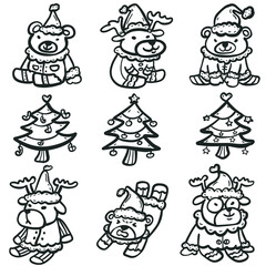 set of christmas tree bear deer doodle sketch illustration