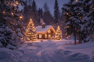 Naklejka premium Peaceful winter retreat featuring glowing cabin windows and sparkling snowy trees image