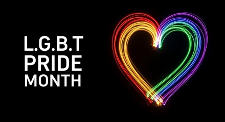 LGBT Pride Month Text with Rainbow Heart Made of Light Streaks LGBT