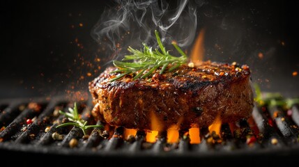 Sizzling beef steak cooking on flaming grill with aromatic herbs and spices, juicy gourmet meat floating on dark background for culinary, food photography, and restaurant concept visuals