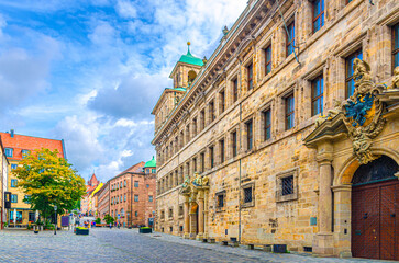 City Hall medieval building Rathaus on pedestrian Town Hall square Rathausplatz in Old town Nuremberg city historical center, Middle Franconia region, Bavaria state, Germany