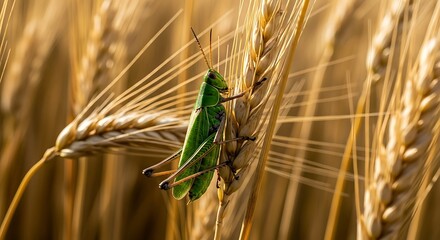 Green grasshopper perched on a golden wheat stalk in a field insect