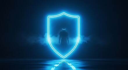 Glowing Blue Shield with Silhouette of Warrior Against Dark Background protection