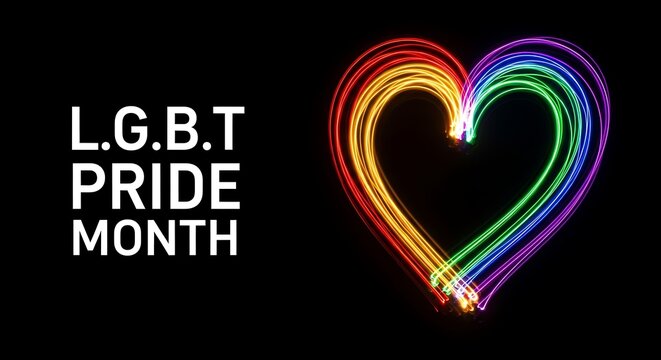 LGBT Pride Month Text with Rainbow Heart Made of Light Streaks LGBT