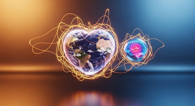 Earth Heart and Brain Connected by Glowing Orange Energy Lines planet globe