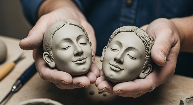 Hands holding two clay sculpted faces with closed eyes sculpture