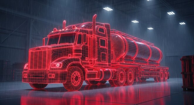 Truck with a tanker in red wireframe style shows logistics technology and transportation