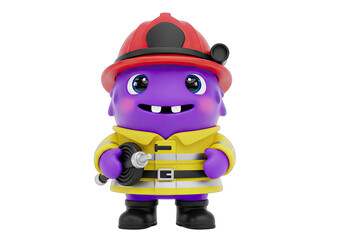 Fototapeta premium Adorable purple alien fireman with fire hose standing on black background