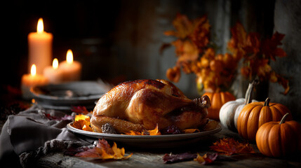 Festive Thanksgiving table with roasted turkey and fall décor