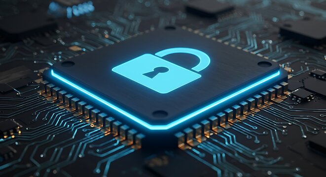 Digital padlock icon glowing on a computer chip, symbolizing cybersecurity and data protection in a modern technological world