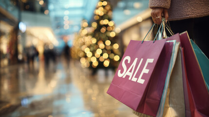 Lifestyle Shopping Image with SALE Bags and Festive Mall Background