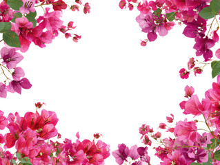 Fototapeta premium Floral Bougainvillea Frame with Vivid Pink Blooms and Lush Green Leaves Creates Striking Border on Transparent Canvas Ideal for Invitations 200 Chars