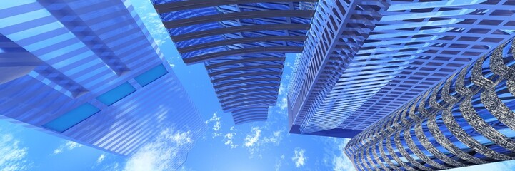 Skyscrapers, high-rise buildings from below against the background of the sky, cityscape, panorama of skyscrapers, 3D rendering