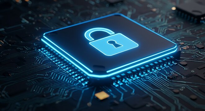 Digital padlock icon glowing on a computer chip, symbolizing cybersecurity and data protection in a modern technological world - Powered by Adobe