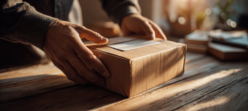 Close-up of Hands Unboxing a New Tech Gadget on Wooden Table in Natural Light - Powered by Adobe