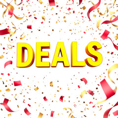 Deals text effect with falling confetti isolated on transparent background for promotion and special offer event