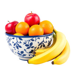 A bowl of fresh fruit isolated on transparent background featuring apples, oranges, and bananas for a healthy snack