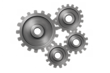 Metal gears interlocking, symbolizing connection, teamwork, mechanics, and industrial collaboration on transparent background