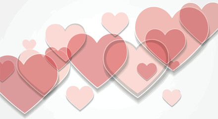 A cascade of soft pink and red hearts overlapping on a clean white background