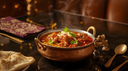 A steaming bowl of Indian stew with tender meat pieces, herbs, and spices served in a copper pot, placed on an elegant table setting with naan and warm ambient lighting.
