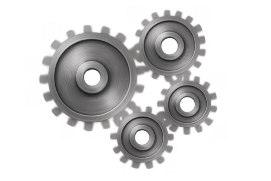 Metal gears interlocking, symbolizing connection, teamwork, mechanics, and industrial collaboration on transparent background