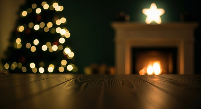 Christmas bokeh lights and fireplace