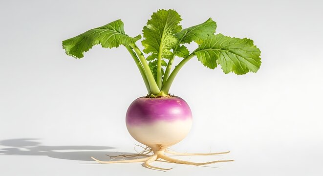 Fresh turnip vegetable with green leaves and roots isolated on white background