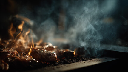 Warm grilled meat sizzling as smoke escapes