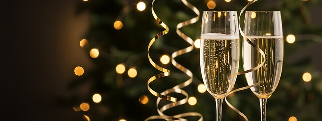 Two glasses of champagne with golden ribbon and christmas lights in the background